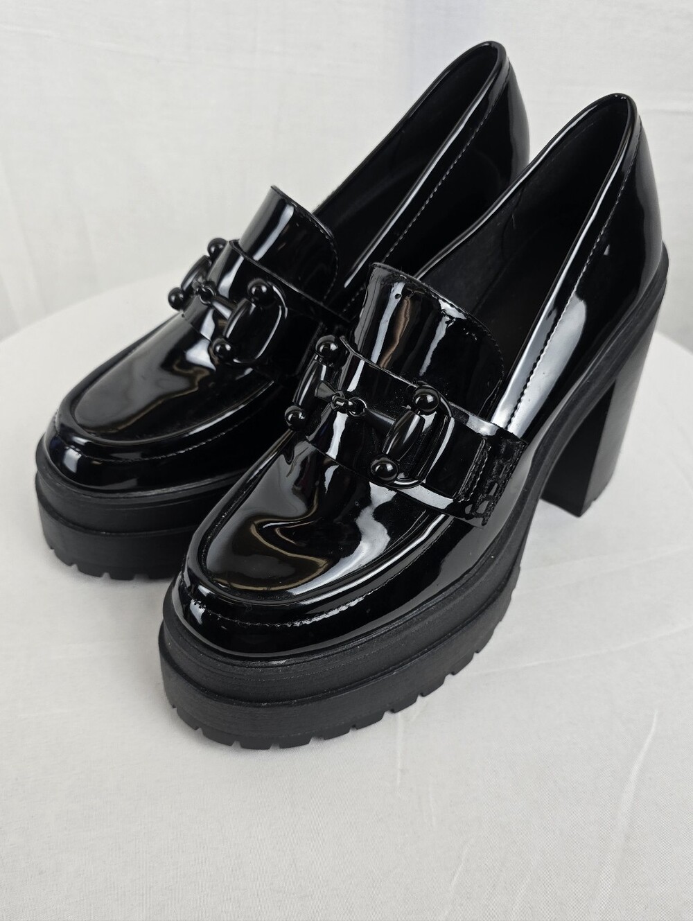 Aldo Big Leap Black Patent Platform Loafers with Block 4' Heel Sz 8.5